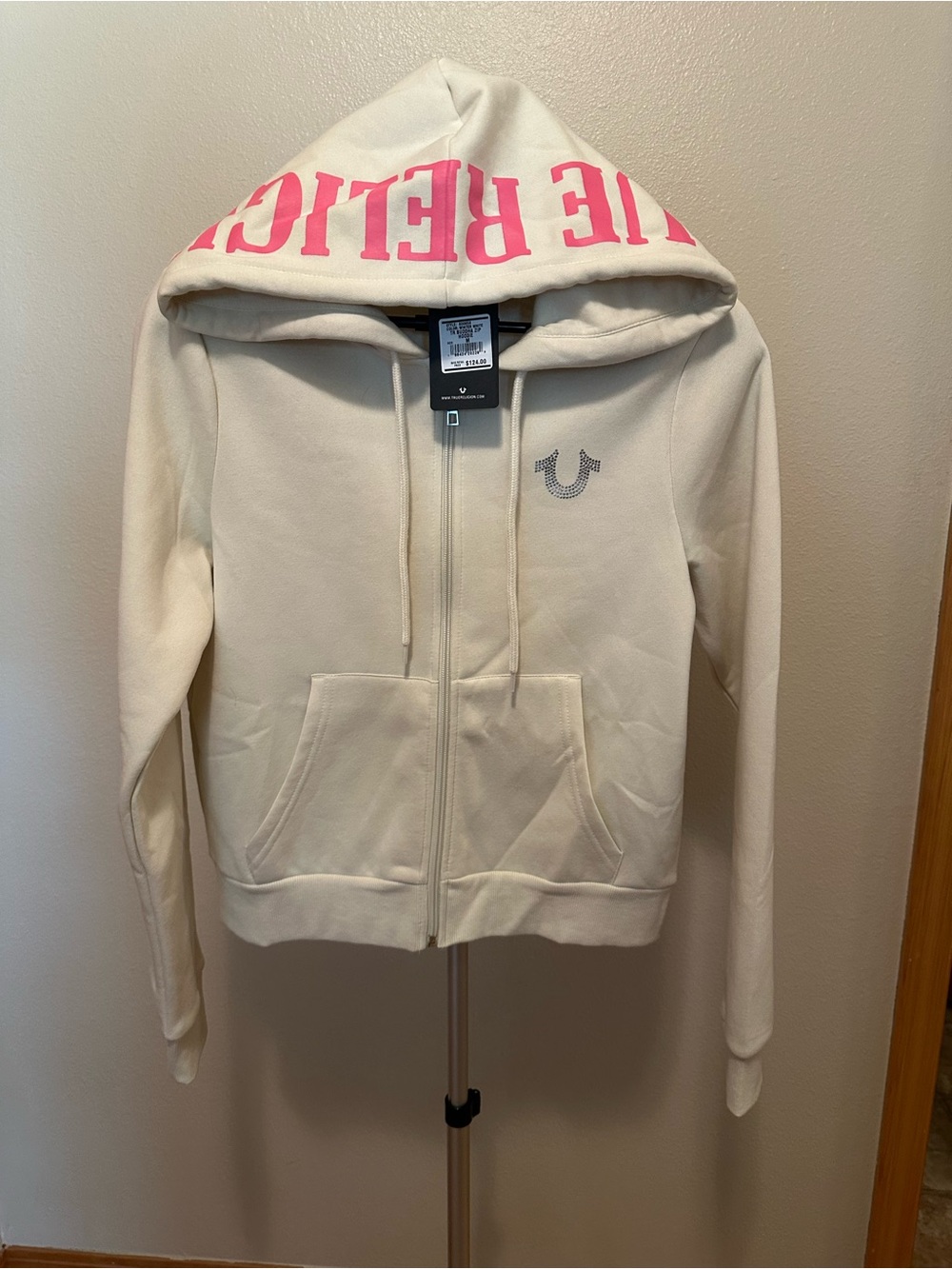 True Religion Cream Zip Jacket with Pink Hood Lettering